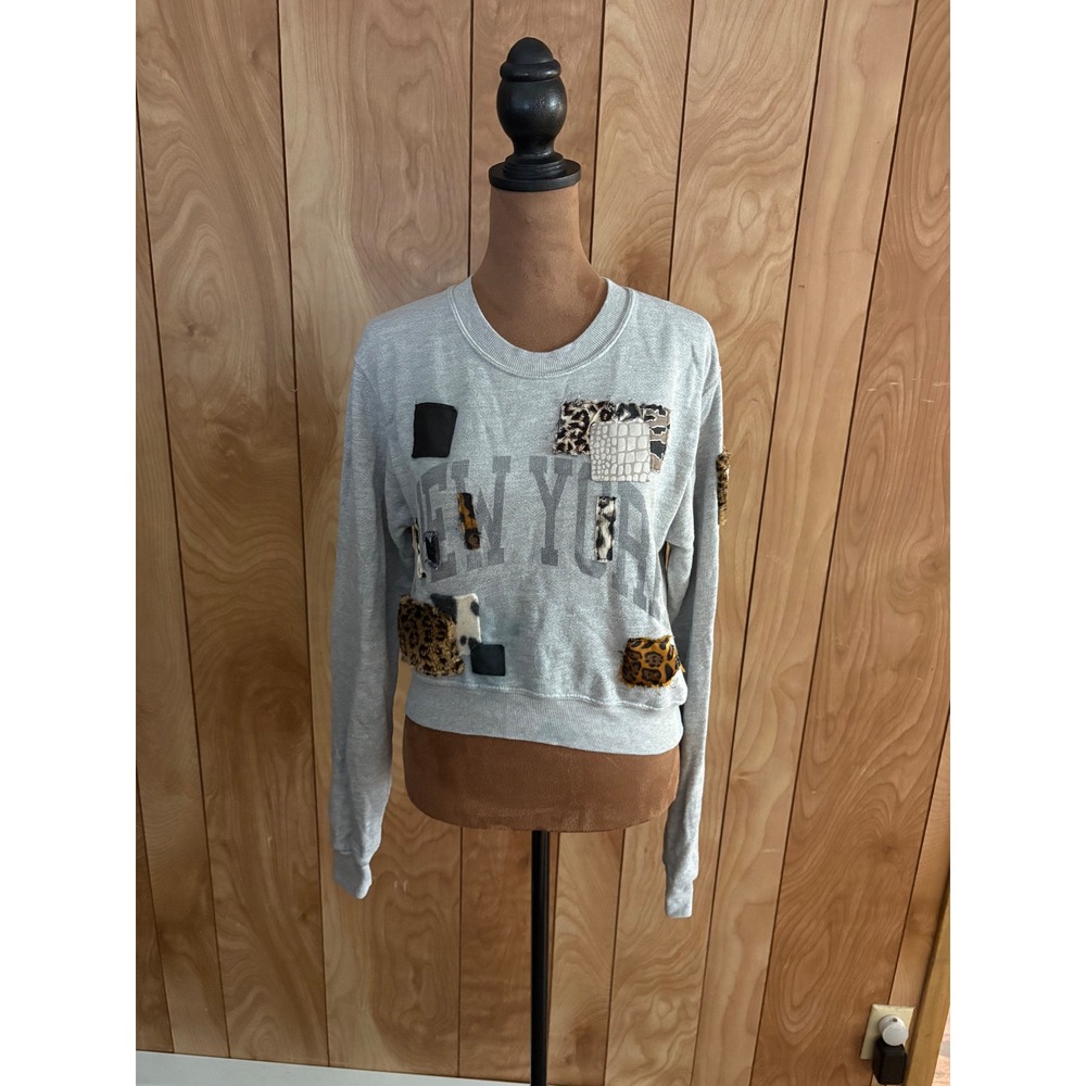 Riley‎ New York Patchwork Sweatshirt Grey Animal Print Mixed Media Pullover XS